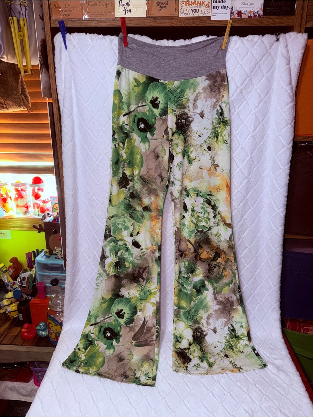 Women's Green Floral Boot-Cut Flare Pants with Gray Waistband